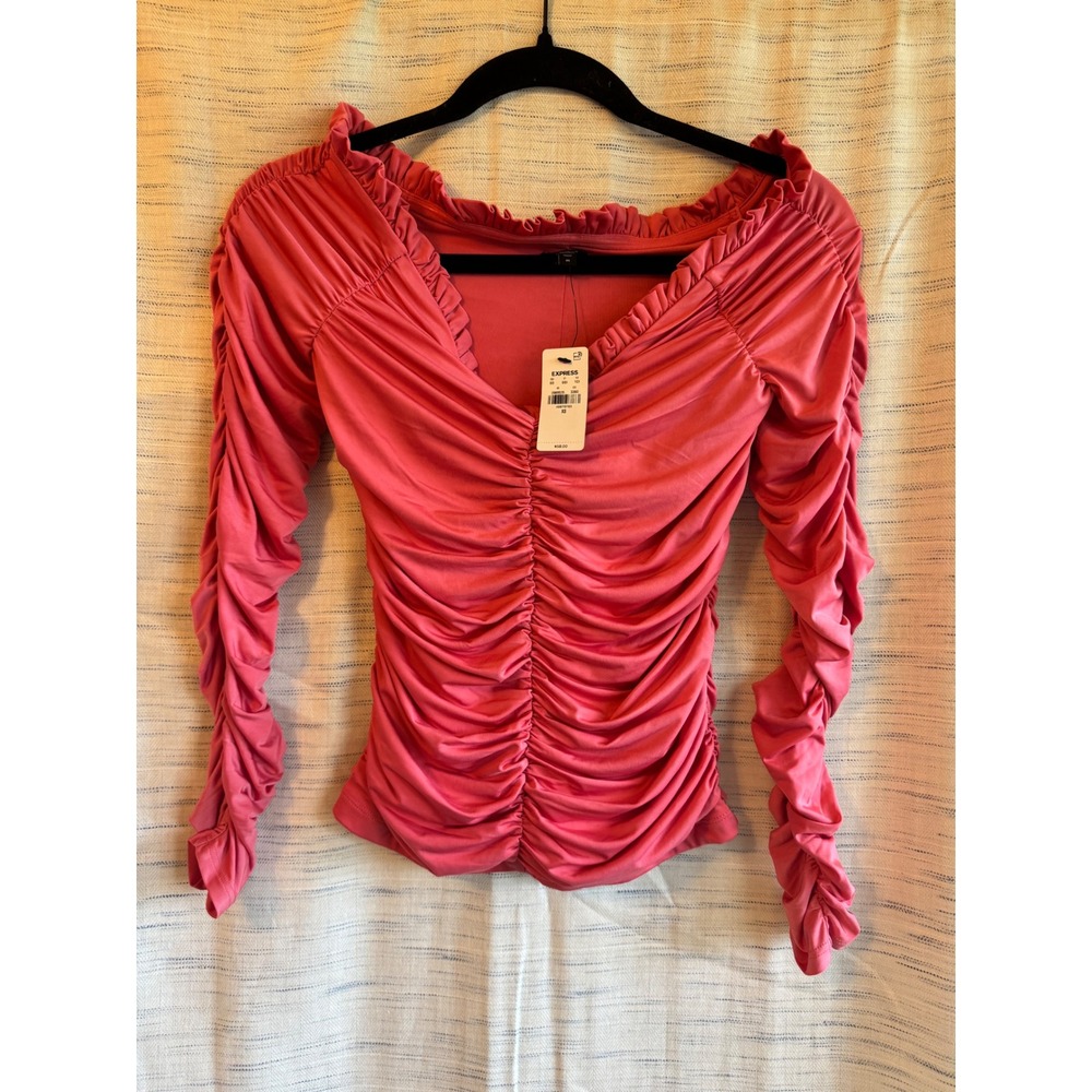 Express Body Contour Ruched V-Neck Top Long Sleeve Pink Ruffle Blouse XS NWT